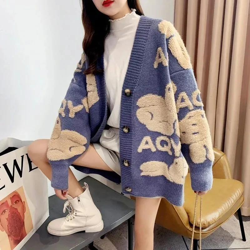 Teddy Bear Fluffy V-neck Knitted Women's Cardigan: Casual Fleece Cute Girls Cardigan Geek Chic