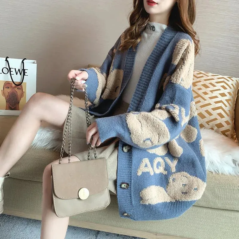 Teddy Bear Fluffy V-neck Knitted Women's Cardigan: Casual Fleece Cute Girls Cardigan Geek Chic