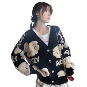 Teddy Bear Fluffy V-neck Knitted Women's Cardigan: Casual Fleece Cute Girls Cardigan Geek Chic