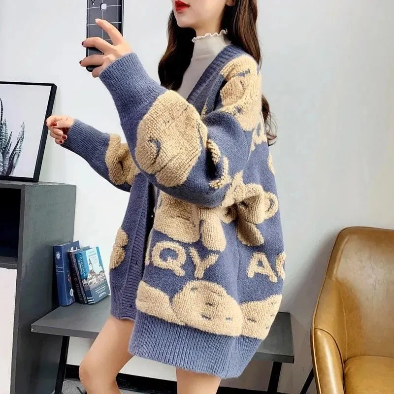 Teddy Bear Fluffy V-neck Knitted Women's Cardigan: Casual Fleece Cute Girls Cardigan Geek Chic