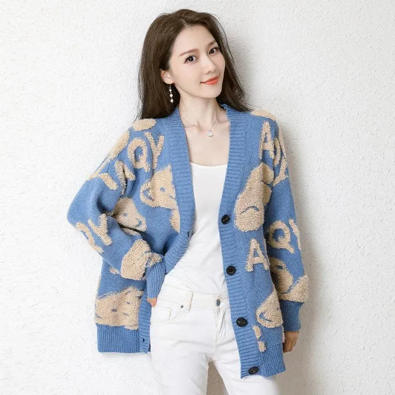 Teddy Bear Fluffy V-neck Knitted Women's Cardigan: Casual Fleece Cute Girls Cardigan Geek Chic