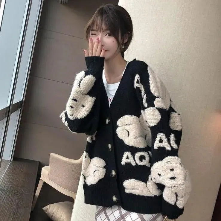 Teddy Bear Fluffy V-neck Knitted Women's Cardigan: Casual Fleece Cute Girls Cardigan Geek Chic