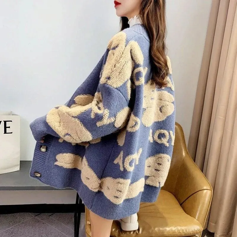 Teddy Bear Fluffy V-neck Knitted Women's Cardigan: Casual Fleece Cute Girls Cardigan Geek Chic