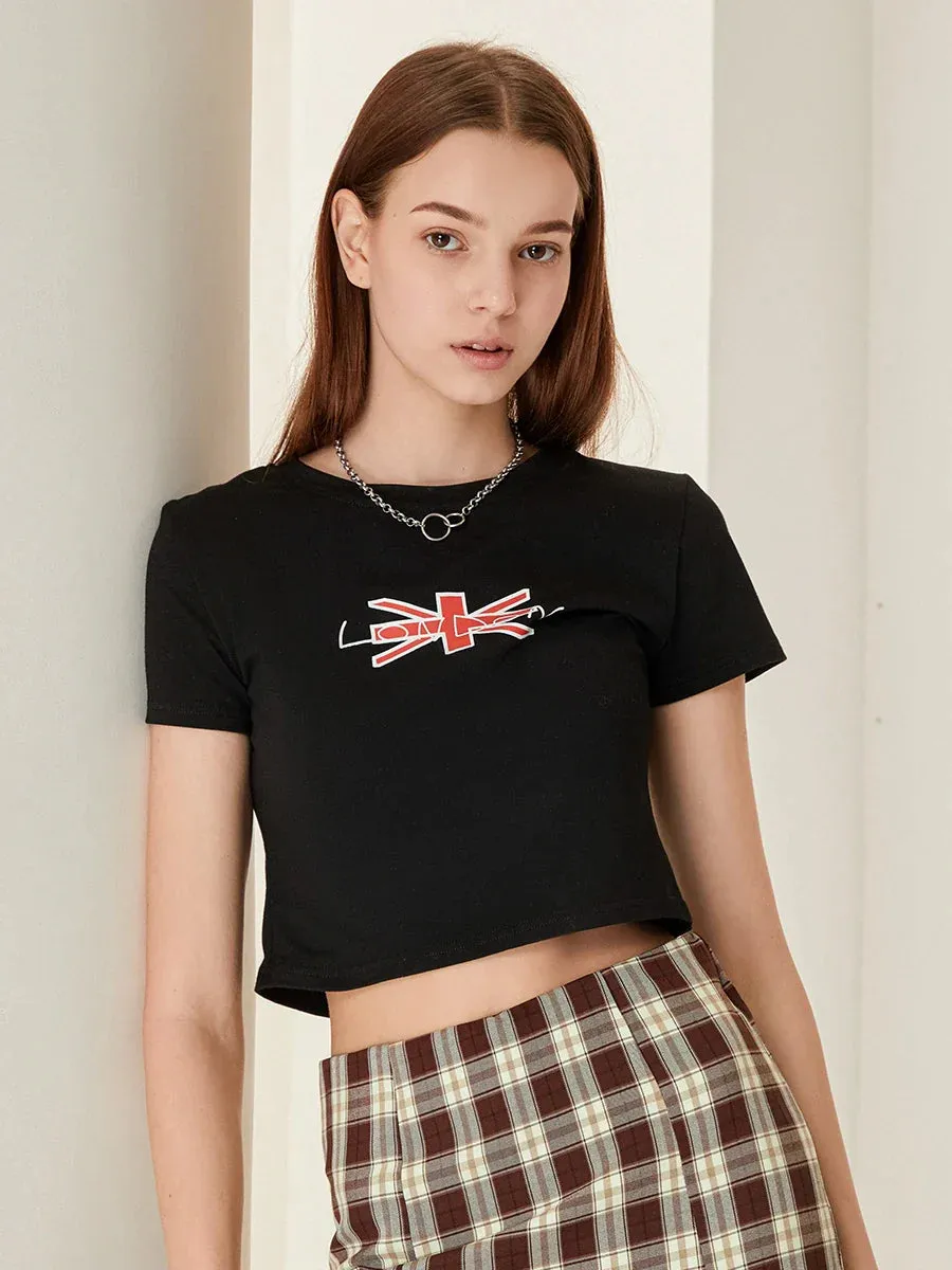 Tees Crop Tops Short Sleeve Round Neck Y2K Letter Print Baby T-shirt