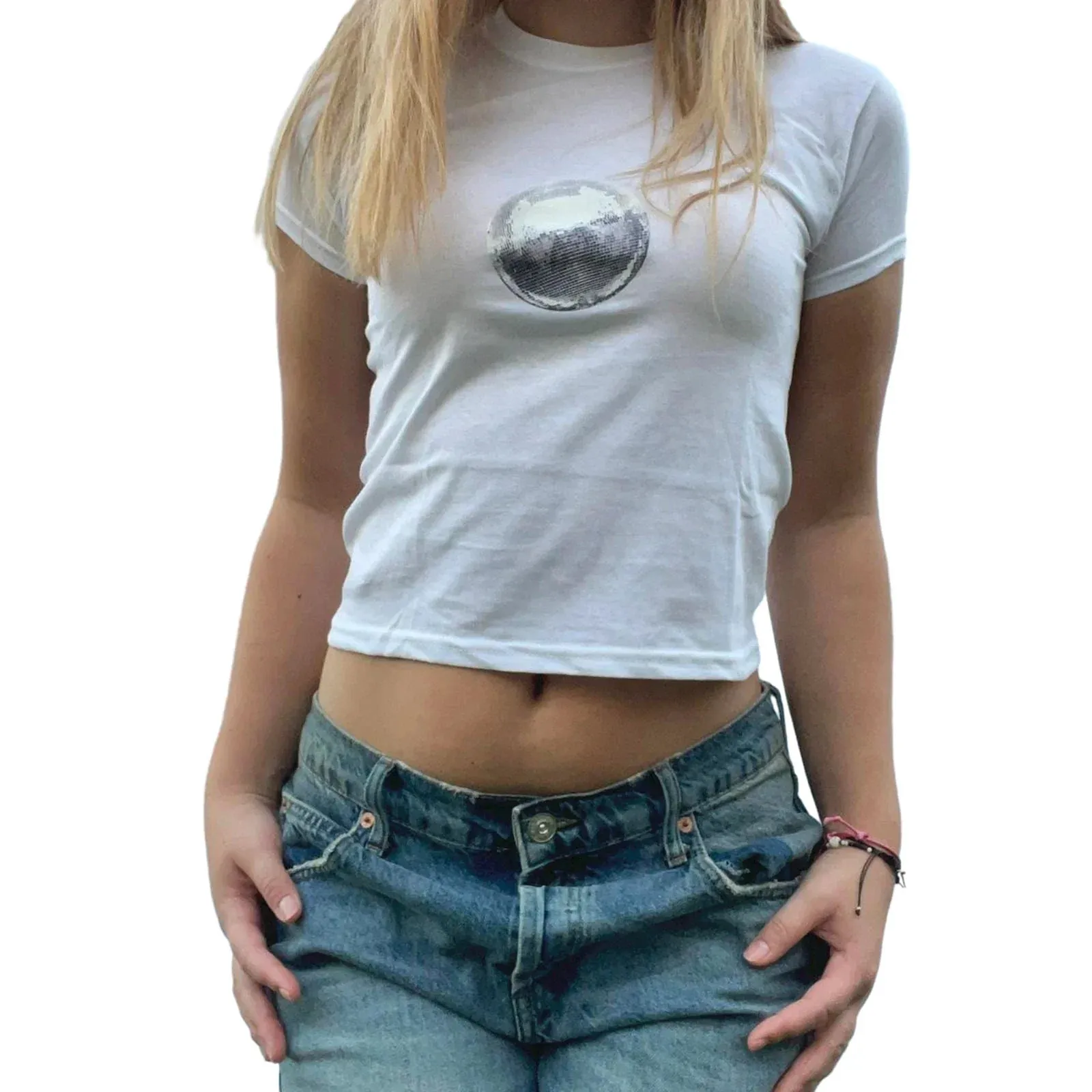 Tees Crop Tops Short Sleeve Round Neck Y2K Letter Print Baby T-shirt