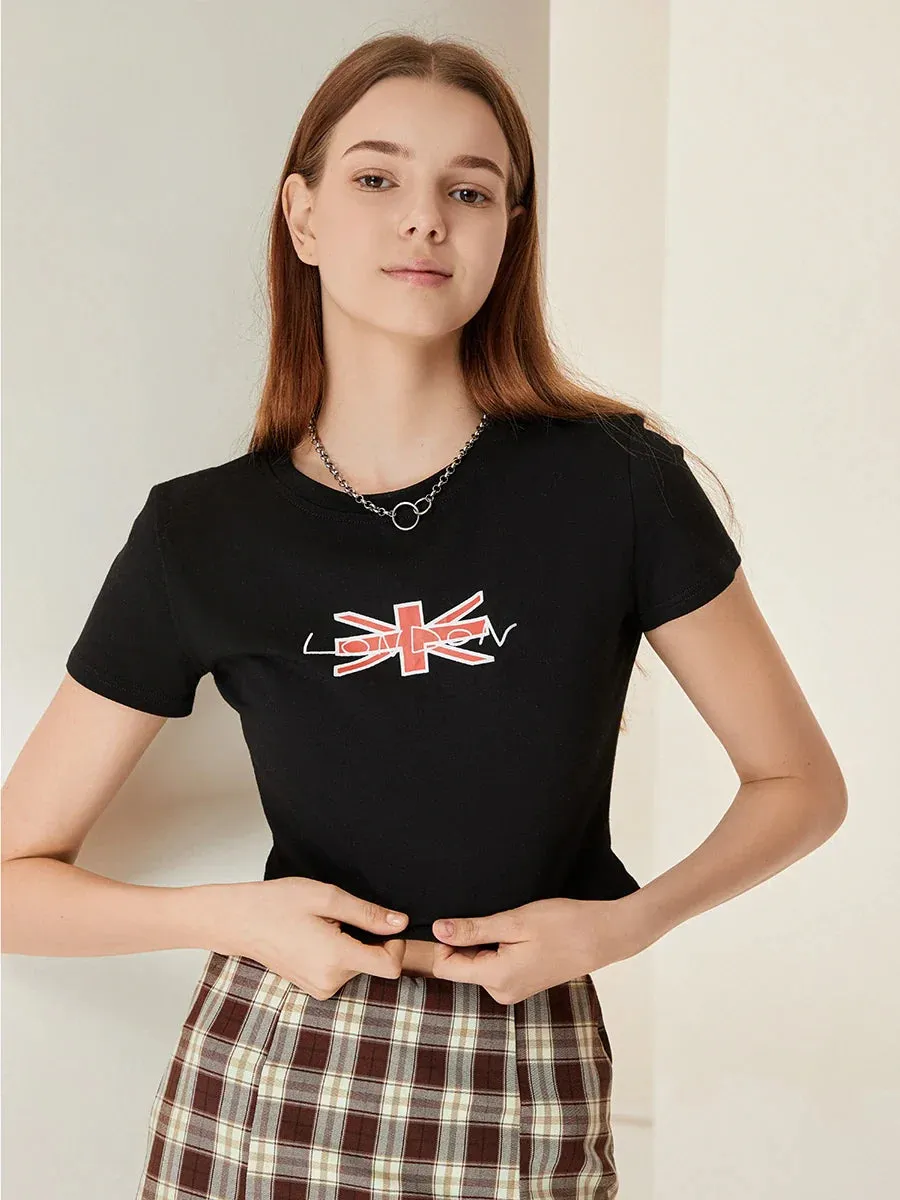 Tees Crop Tops Short Sleeve Round Neck Y2K Letter Print Baby T-shirt