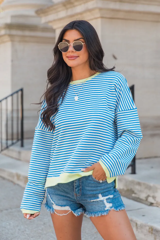 Think On It Blue Striped Contrast Trim Pullover