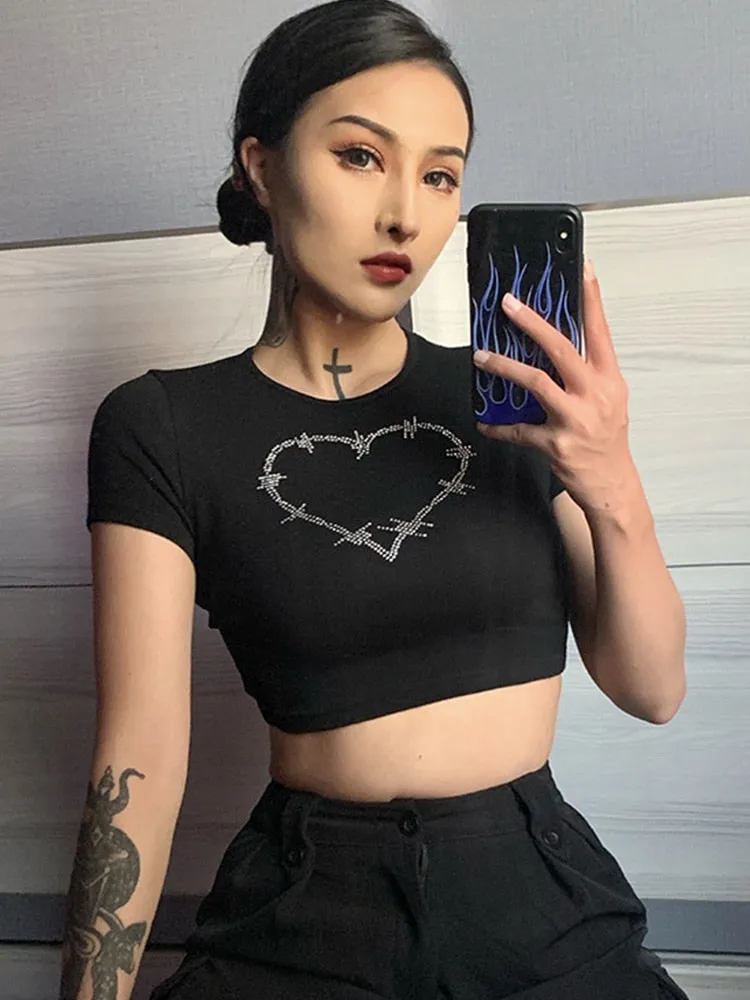 Top Women Short Sleeve T-Shirts Graphic T Shirt Aesthetics O Neck Rhinestone Tees Casual Black Crop Top E-Girl Y2K Clothes