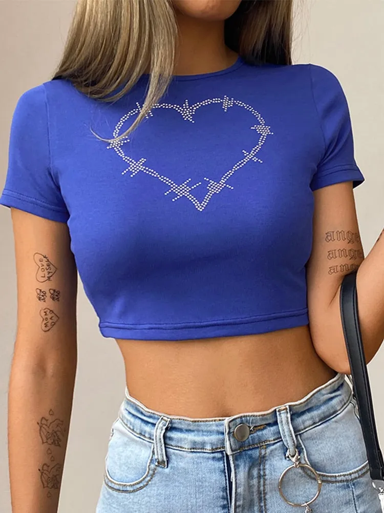 Top Women Short Sleeve T-Shirts Graphic T Shirt Aesthetics O Neck Rhinestone Tees Casual Black Crop Top E-Girl Y2K Clothes