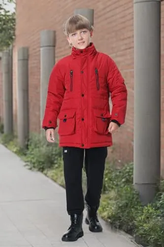 TRATENBY Boy's Warm Winter Coat Waterproof Puffer Parka Jacket with Removable Hood-Red-12-13