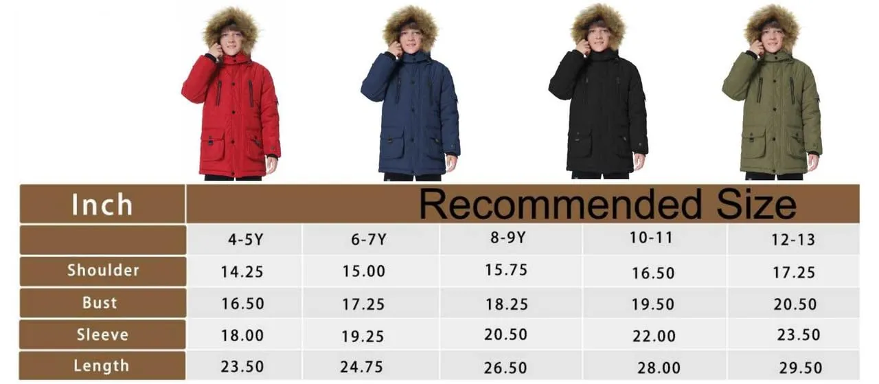 TRATENBY Boy's Warm Winter Coat Waterproof Puffer Parka Jacket with Removable Hood-Red-12-13