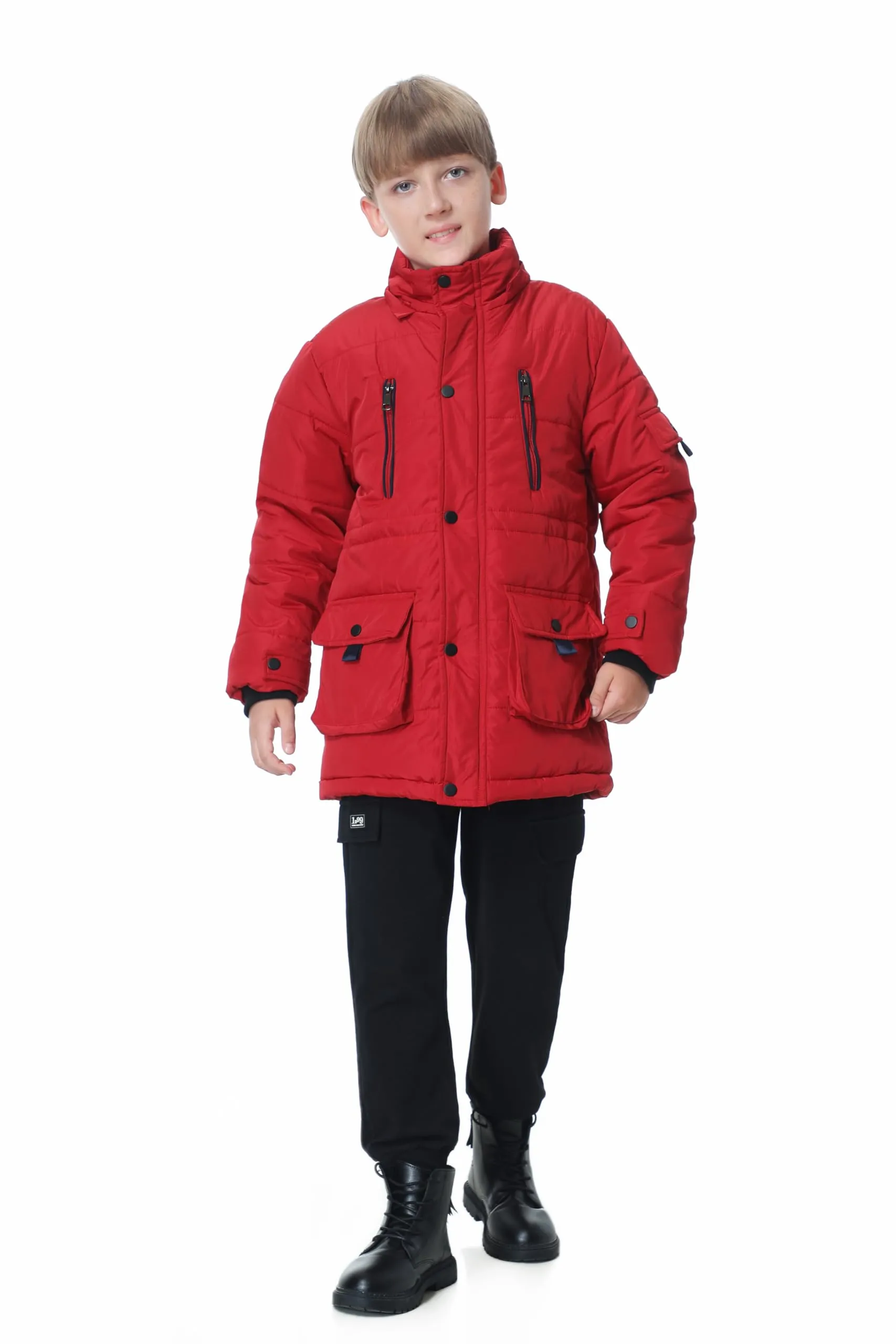 TRATENBY Boy's Warm Winter Coat Waterproof Puffer Parka Jacket with Removable Hood-Red-12-13