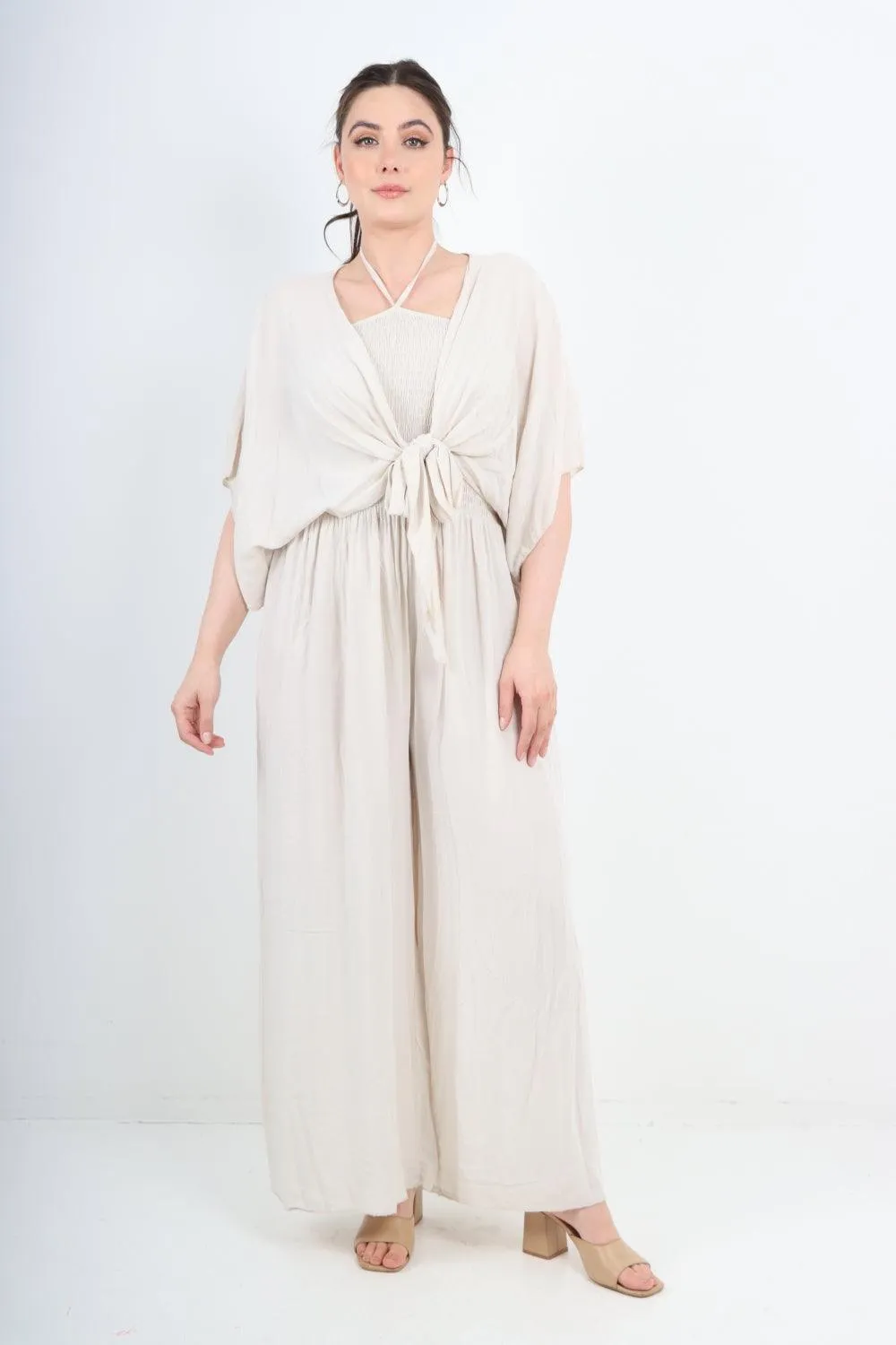 Two Piece Bardot Jumpsuit and Tie Waist Shrug