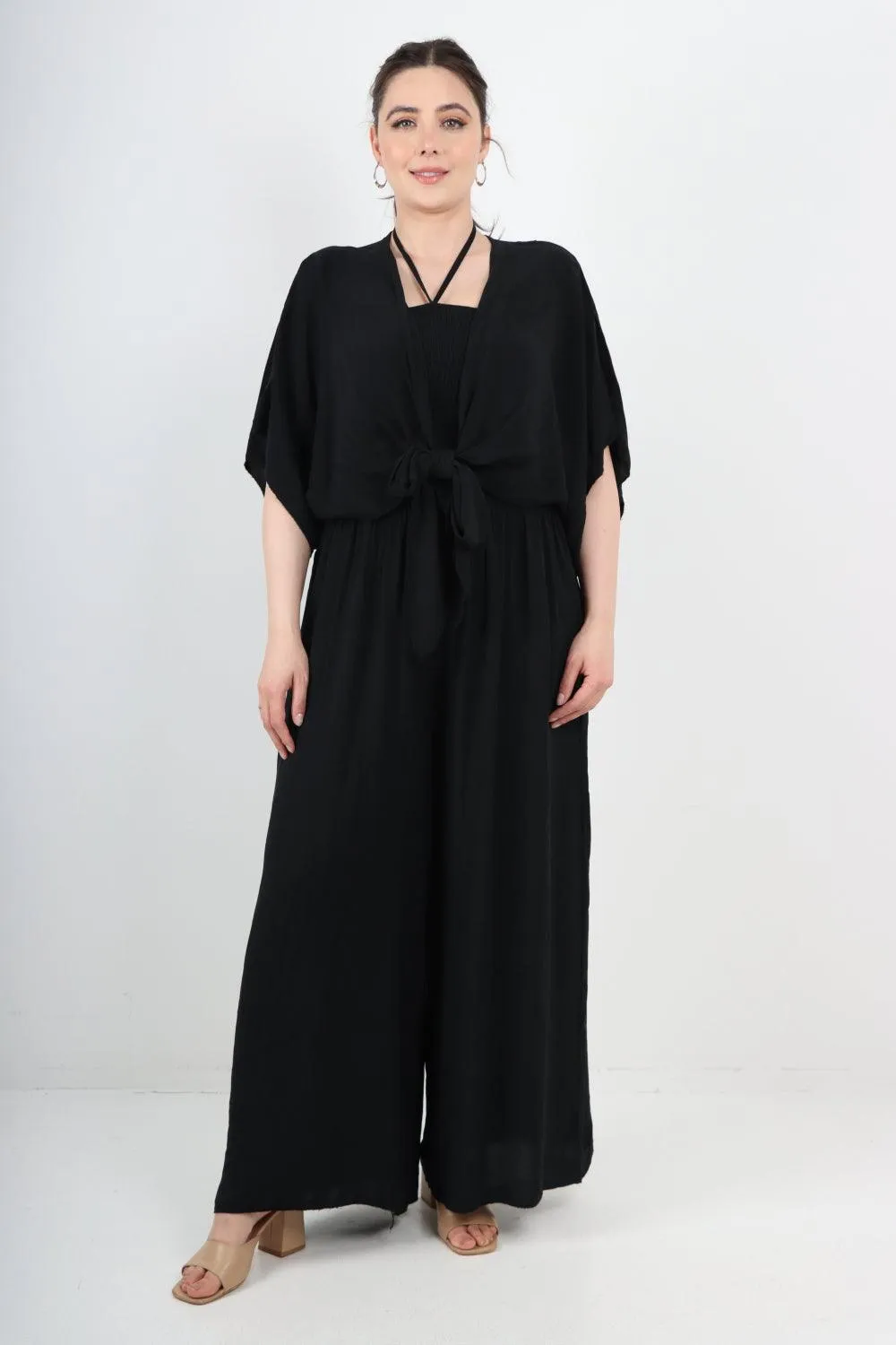 Two Piece Bardot Jumpsuit and Tie Waist Shrug