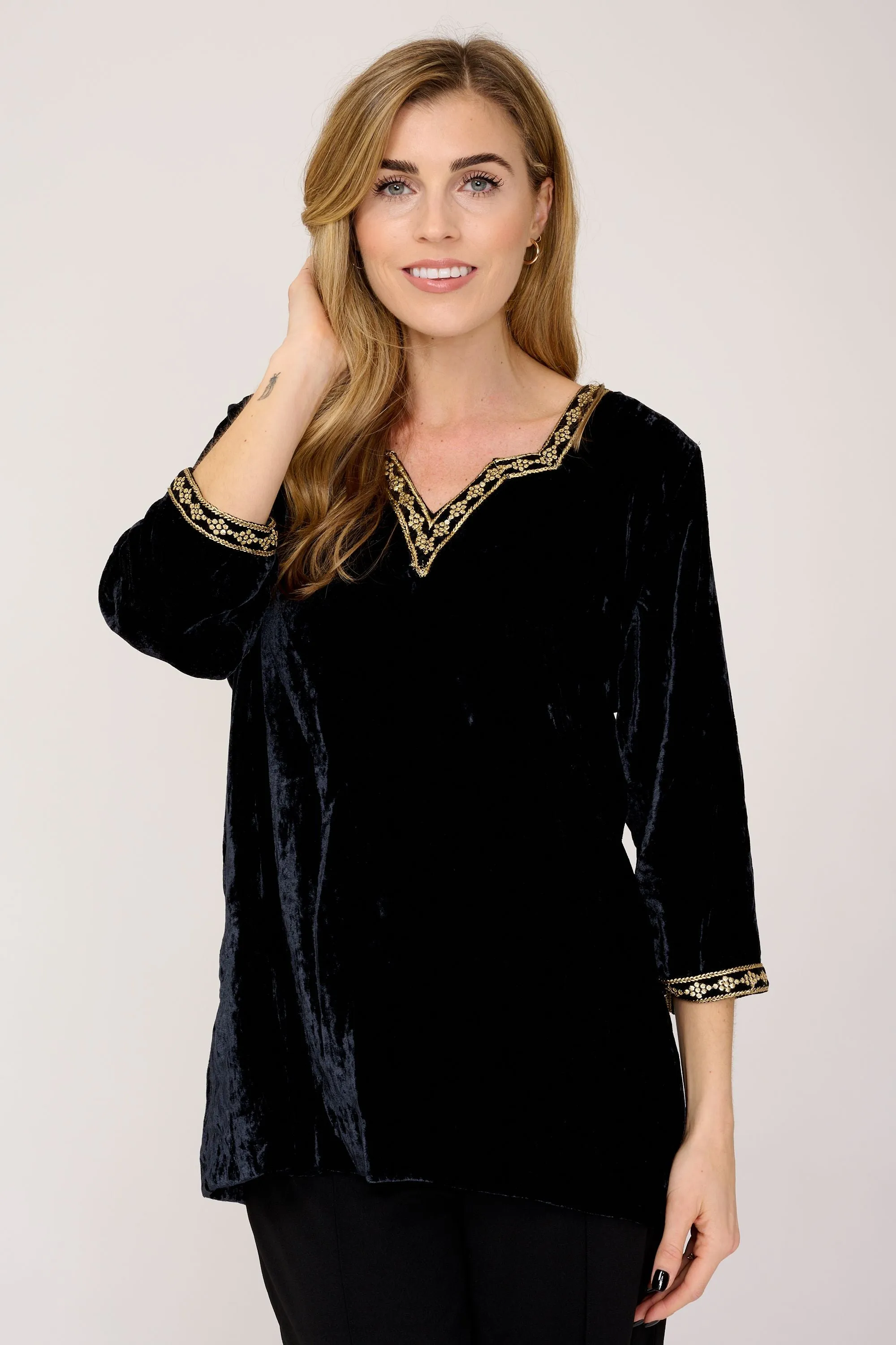 Velvet Shirt with Gold Detailing in Black