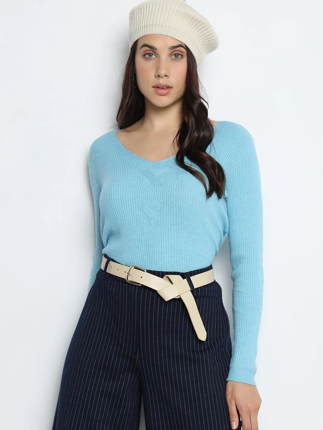 VERO MODA Women's Viscose Casual Pullover Sweater (Powder Blue)