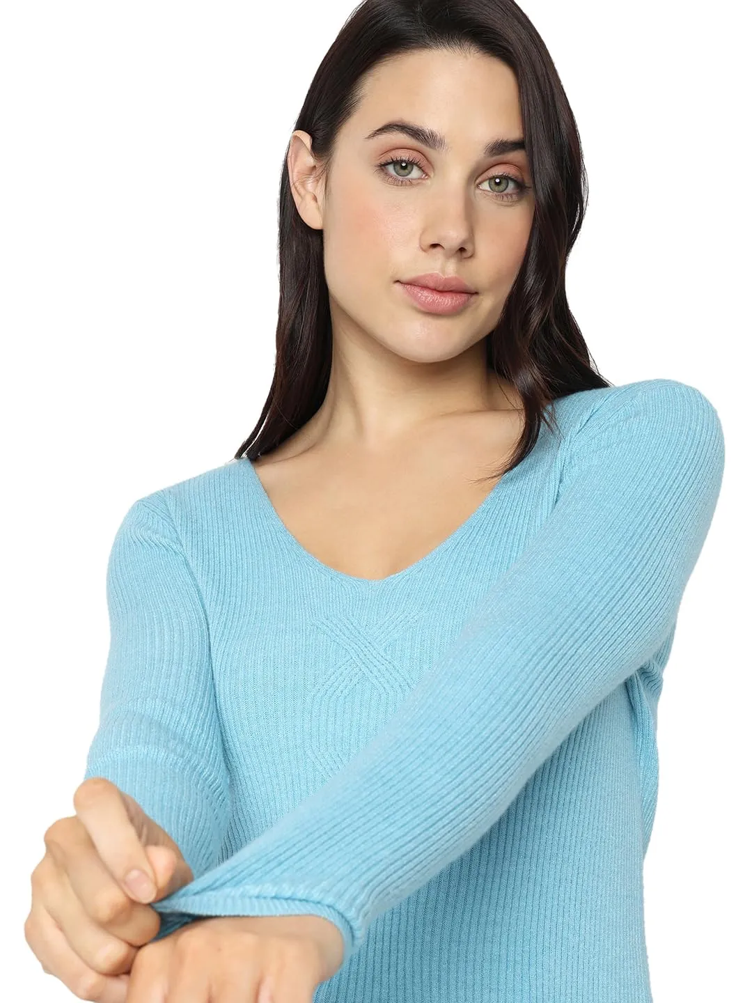 VERO MODA Women's Viscose Casual Pullover Sweater (Powder Blue)