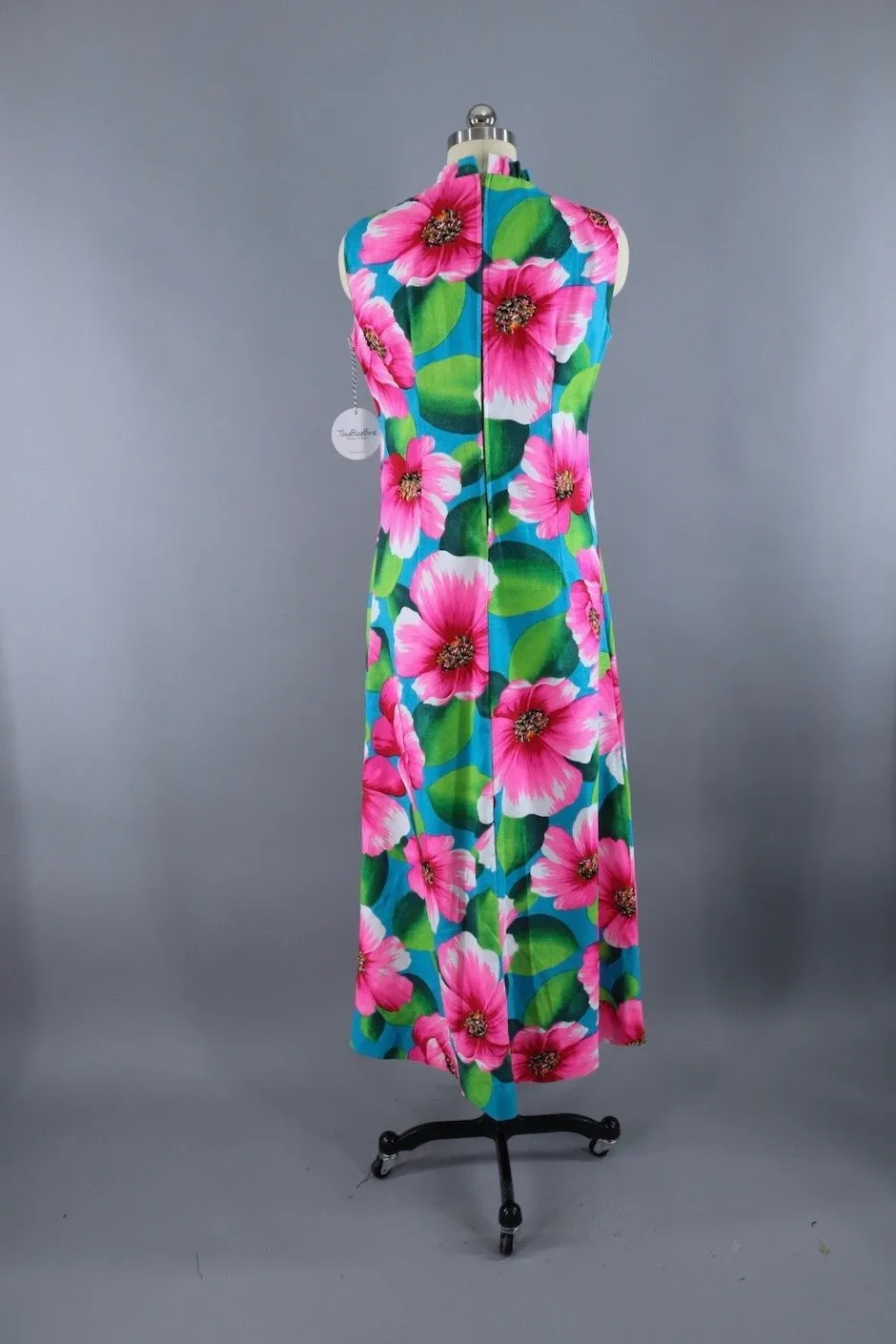 Vintage 1960s Pink Floral Print Hawaiian Maxi Dress