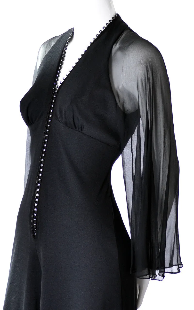 Vintage 1970s Black Jumpsuit with Sheer Sleeves and Rhinestones