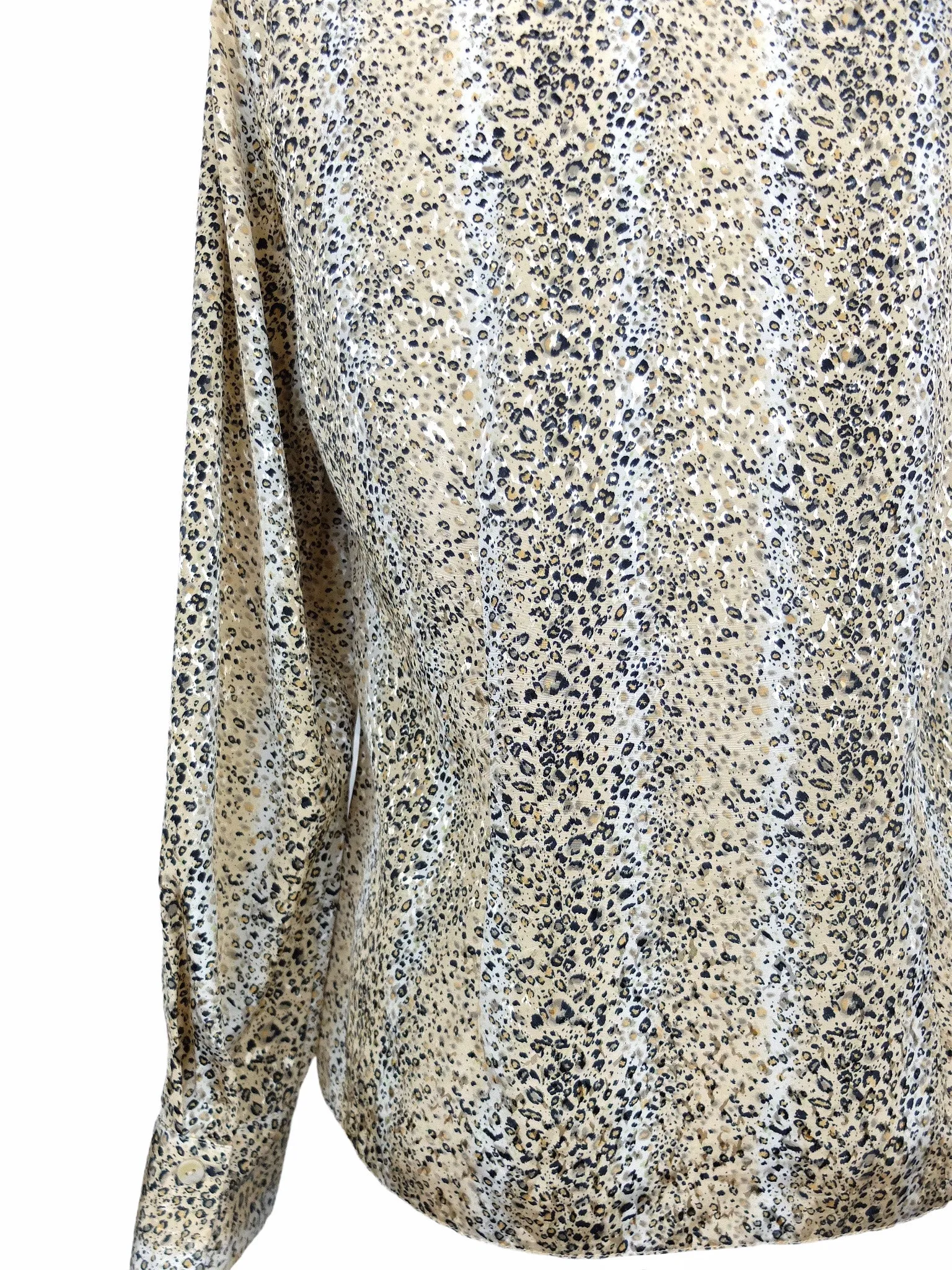 Vintage 90s Y2K Silky Ruffled Leopard Animal Print Collared Long Sleeve Button Up Disco Shirt Blouse