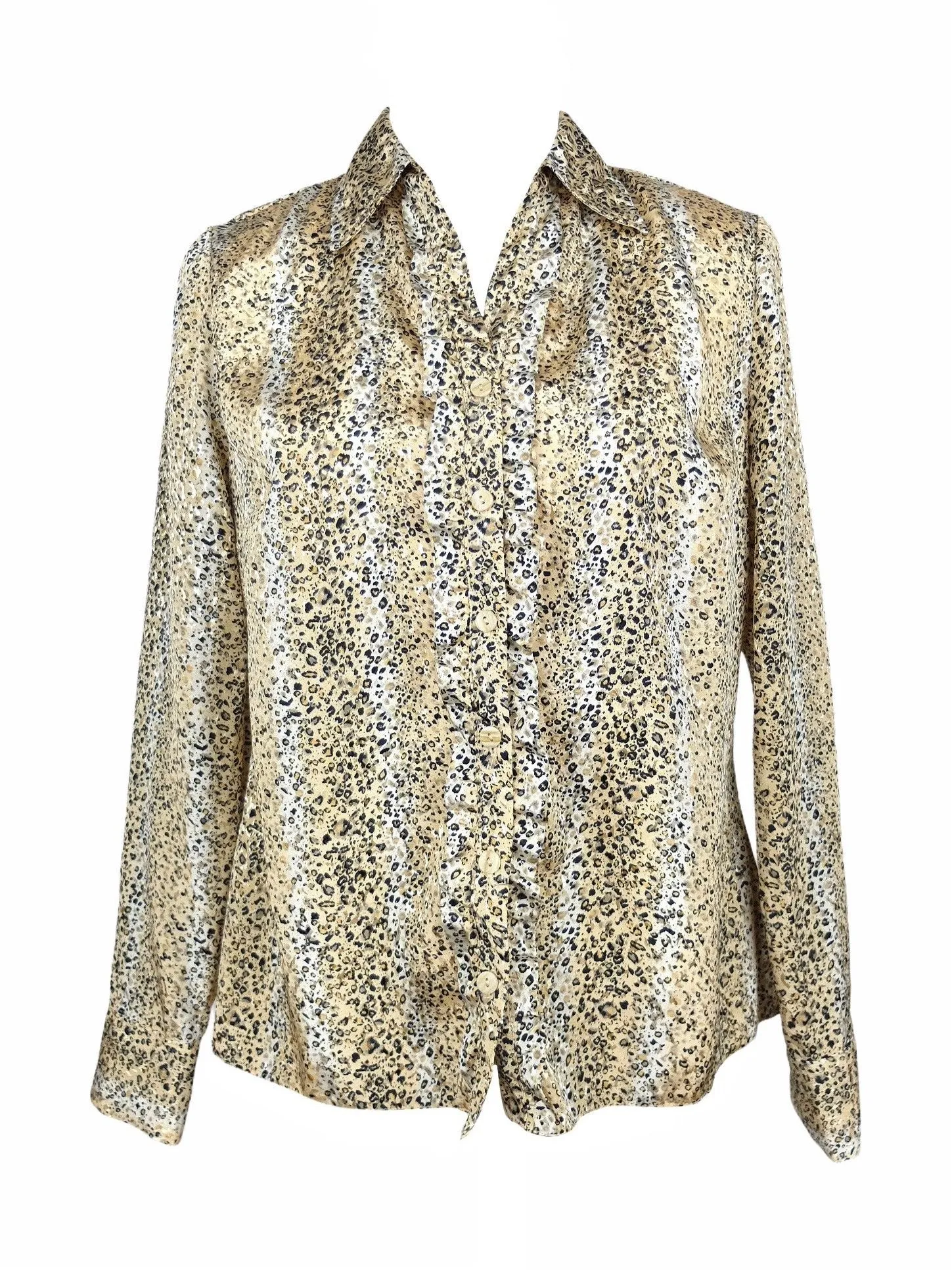 Vintage 90s Y2K Silky Ruffled Leopard Animal Print Collared Long Sleeve Button Up Disco Shirt Blouse