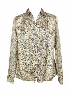 Vintage 90s Y2K Silky Ruffled Leopard Animal Print Collared Long Sleeve Button Up Disco Shirt Blouse