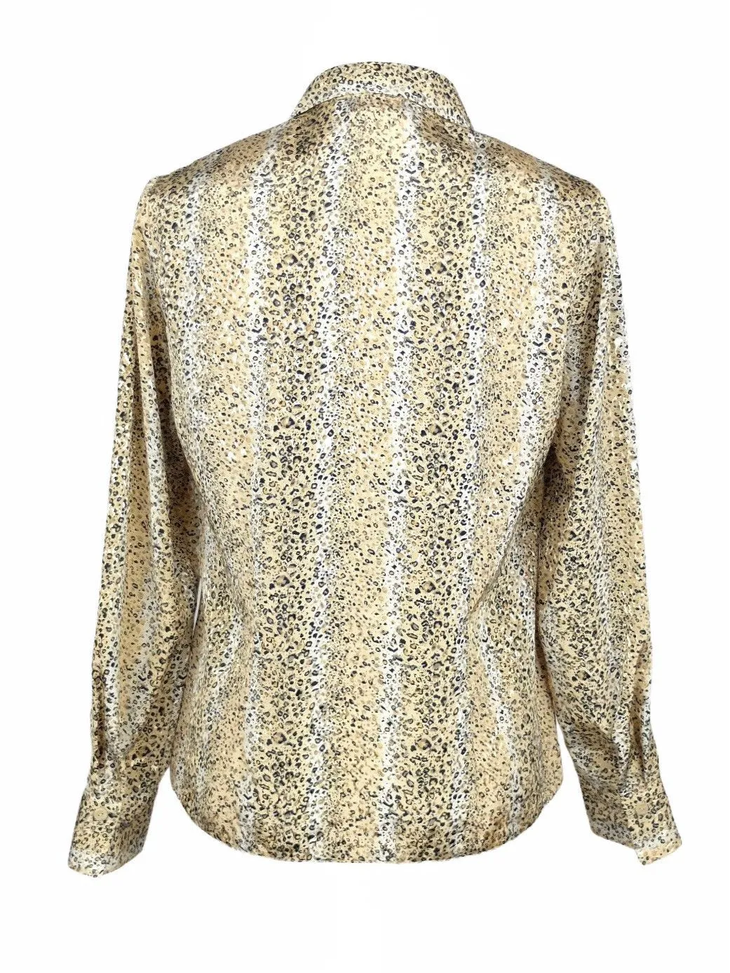 Vintage 90s Y2K Silky Ruffled Leopard Animal Print Collared Long Sleeve Button Up Disco Shirt Blouse