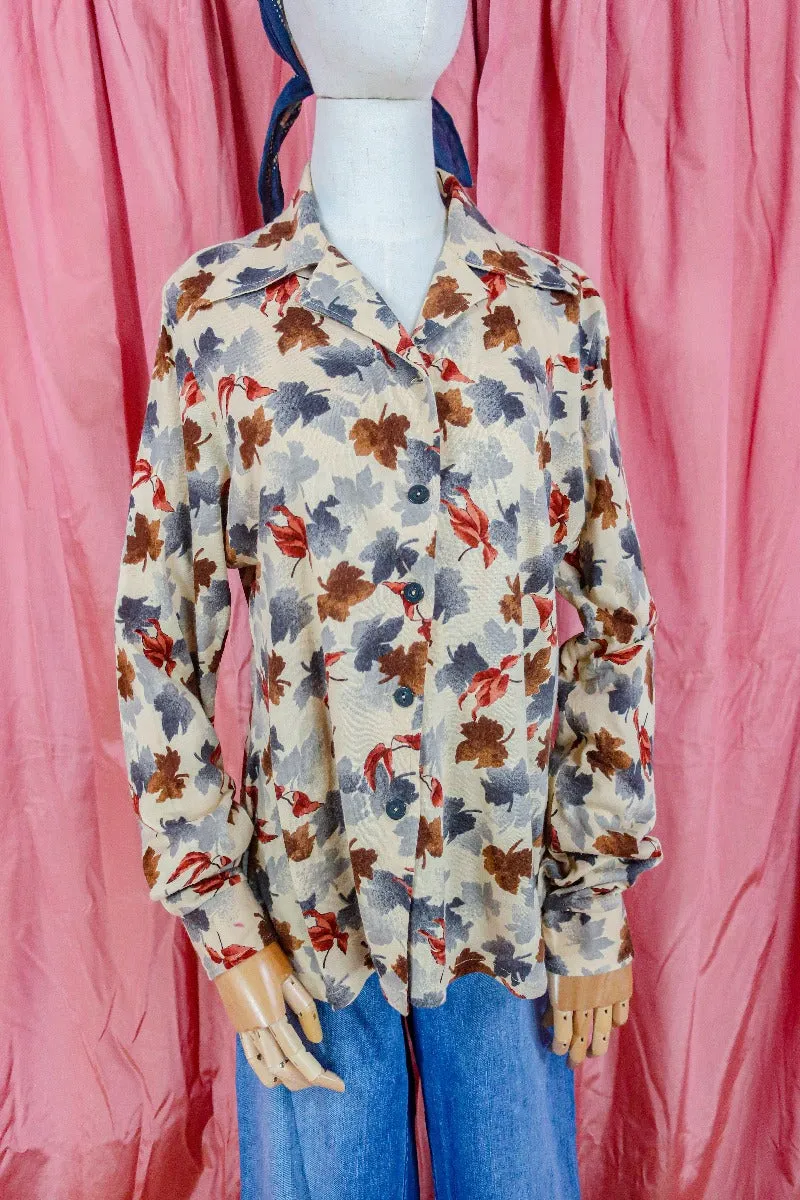 Vintage Shirt - Autumnal Rust & Heather Leaf Print - Free Size M