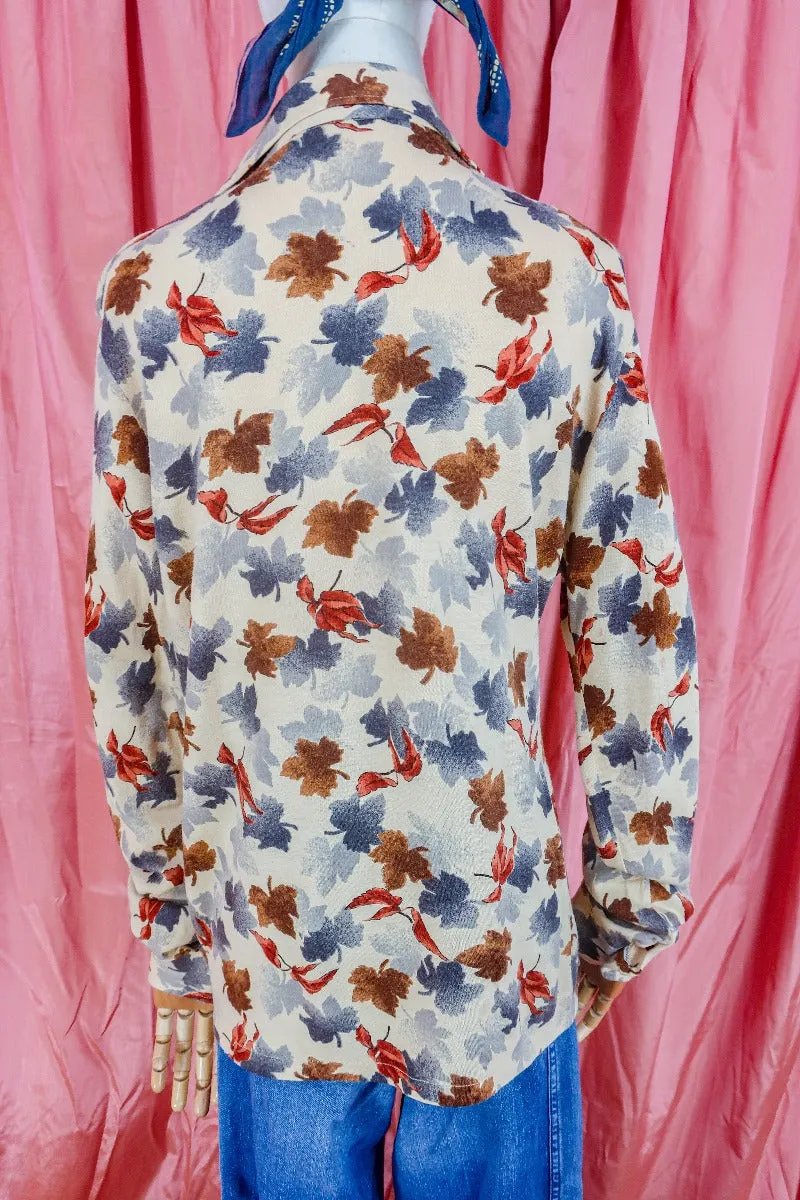 Vintage Shirt - Autumnal Rust & Heather Leaf Print - Free Size M