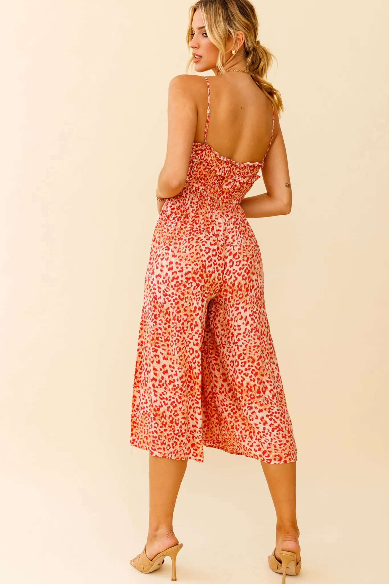 Weekend Escape Cami Strap Drawstring Jumpsuit Animal Print Orange