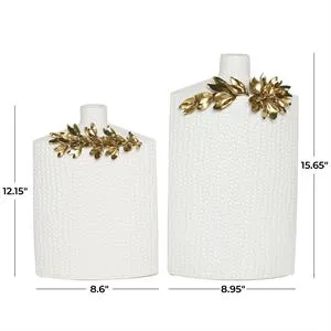 White Ceramic Vase with Abastract Spotted Pattern and Gold Leaf Accents Set of 2 16"x 12"H