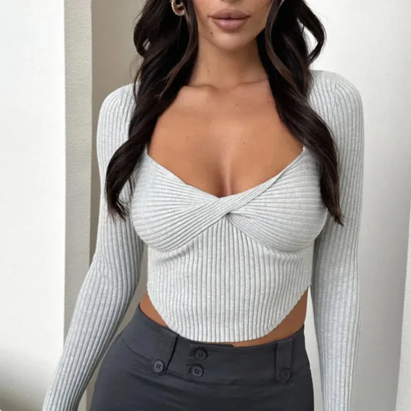 White Ribbed Long Sleeve Slim Stretch Square Collar Cropped Tee Shirt Women's Y2k Fashion T-shirt