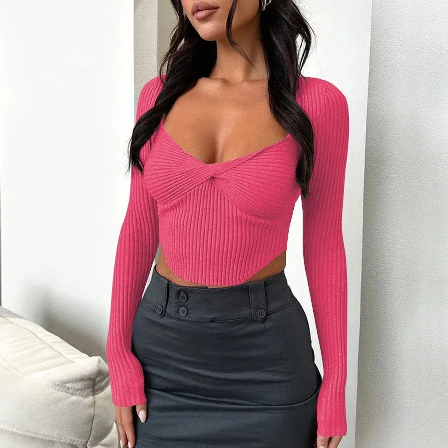 White Ribbed Long Sleeve Slim Stretch Square Collar Cropped Tee Shirt Women's Y2k Fashion T-shirt