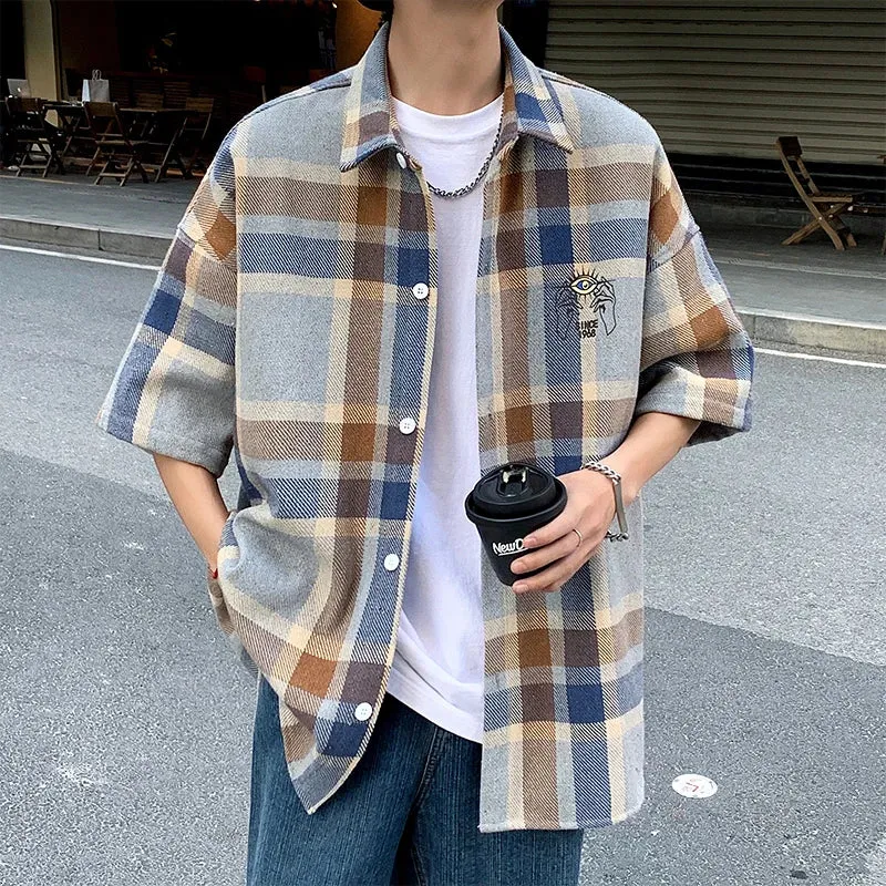 Wiaofellas  -  Korean Match Patchwork Plaid Short Sleeve Shirts for Men Y2K Lapel Streetwear Loose Casual Unisex Tops Harajuku Oversized Shirt