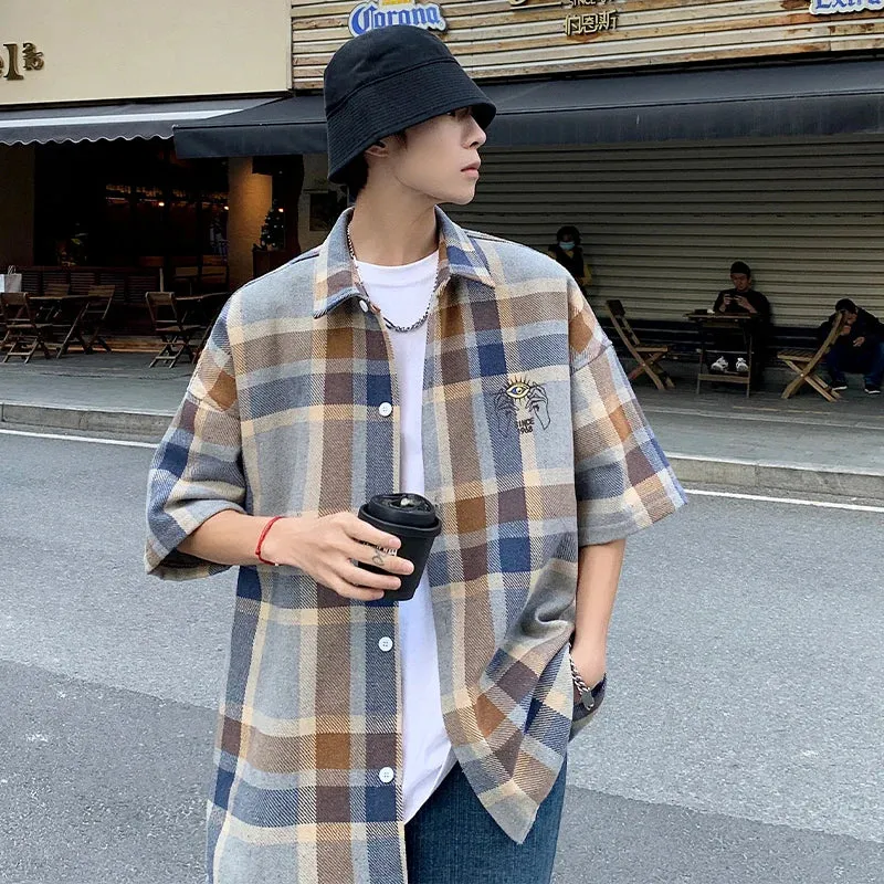 Wiaofellas  -  Korean Match Patchwork Plaid Short Sleeve Shirts for Men Y2K Lapel Streetwear Loose Casual Unisex Tops Harajuku Oversized Shirt