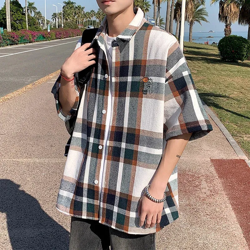 Wiaofellas  -  Korean Match Patchwork Plaid Short Sleeve Shirts for Men Y2K Lapel Streetwear Loose Casual Unisex Tops Harajuku Oversized Shirt