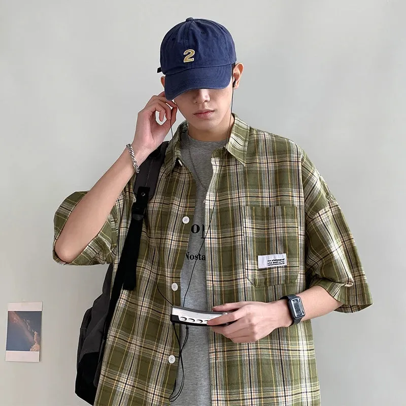 Wiaofellas  -  Korean Y2k Streetwear Plaid Shirt Men Shirts  New Summer Fashion Chemise Homme Mens Checkered Shirts Short Sleeve Men Blouse