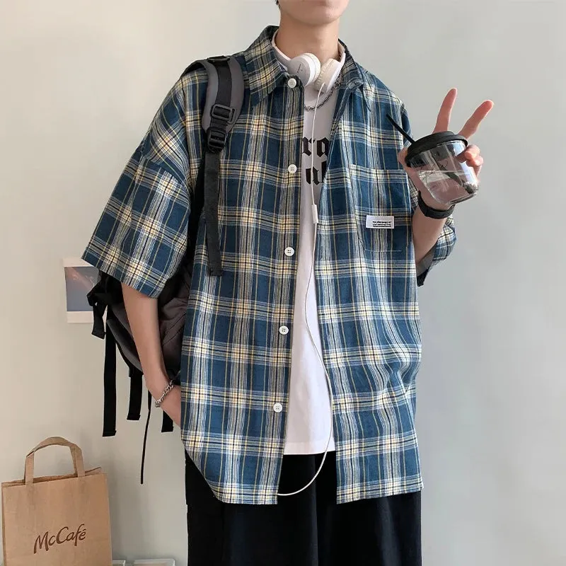 Wiaofellas  -  Korean Y2k Streetwear Plaid Shirt Men Shirts  New Summer Fashion Chemise Homme Mens Checkered Shirts Short Sleeve Men Blouse