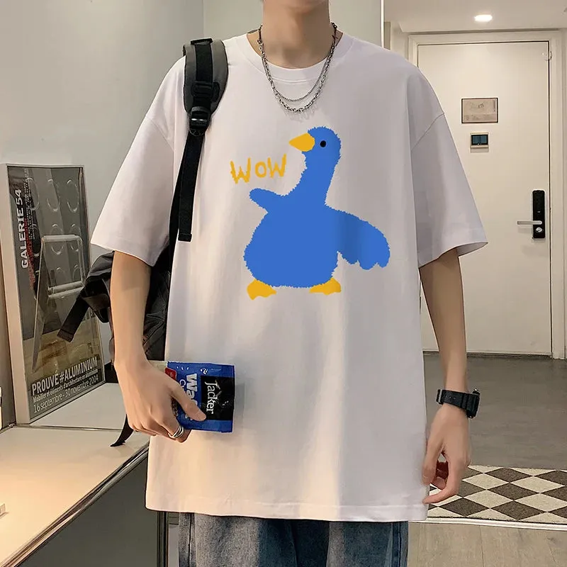 Wiaofellas  -  Summer Men's Cotton T-Shirt Funny Goose Print Cartoon Short Sleeve Tops O-Neck Tees Y2k Anime Casual Oversized T Shirts Men