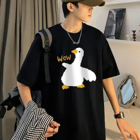 Wiaofellas  -  Summer Men's Cotton T-Shirt Funny Goose Print Cartoon Short Sleeve Tops O-Neck Tees Y2k Anime Casual Oversized T Shirts Men