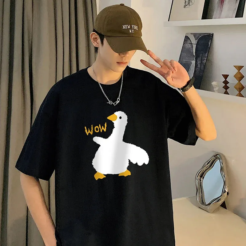 Wiaofellas  -  Summer Men's Cotton T-Shirt Funny Goose Print Cartoon Short Sleeve Tops O-Neck Tees Y2k Anime Casual Oversized T Shirts Men