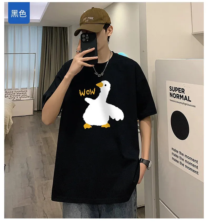 Wiaofellas  -  Summer Men's Cotton T-Shirt Funny Goose Print Cartoon Short Sleeve Tops O-Neck Tees Y2k Anime Casual Oversized T Shirts Men