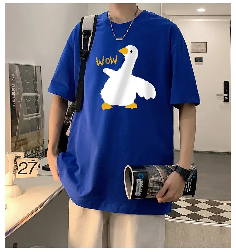 Wiaofellas  -  Summer Men's Cotton T-Shirt Funny Goose Print Cartoon Short Sleeve Tops O-Neck Tees Y2k Anime Casual Oversized T Shirts Men