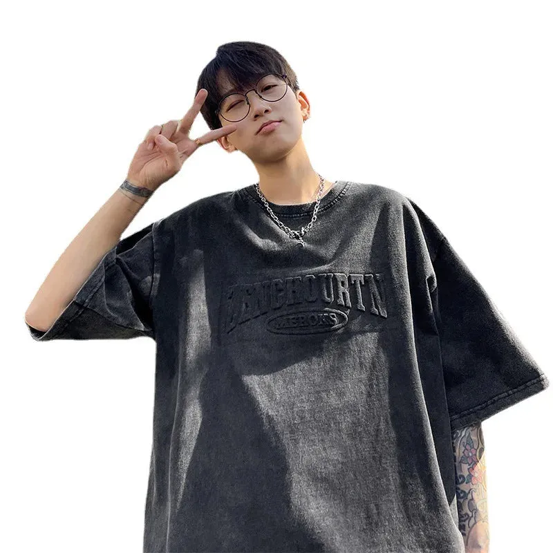 Wiaofellas  -  Summer New Men's Retro Short Sleeved T-Shirt Men Wash American Tide Brand Suede Heavy T Half Harajuku Oversize Y2K Tops Tee