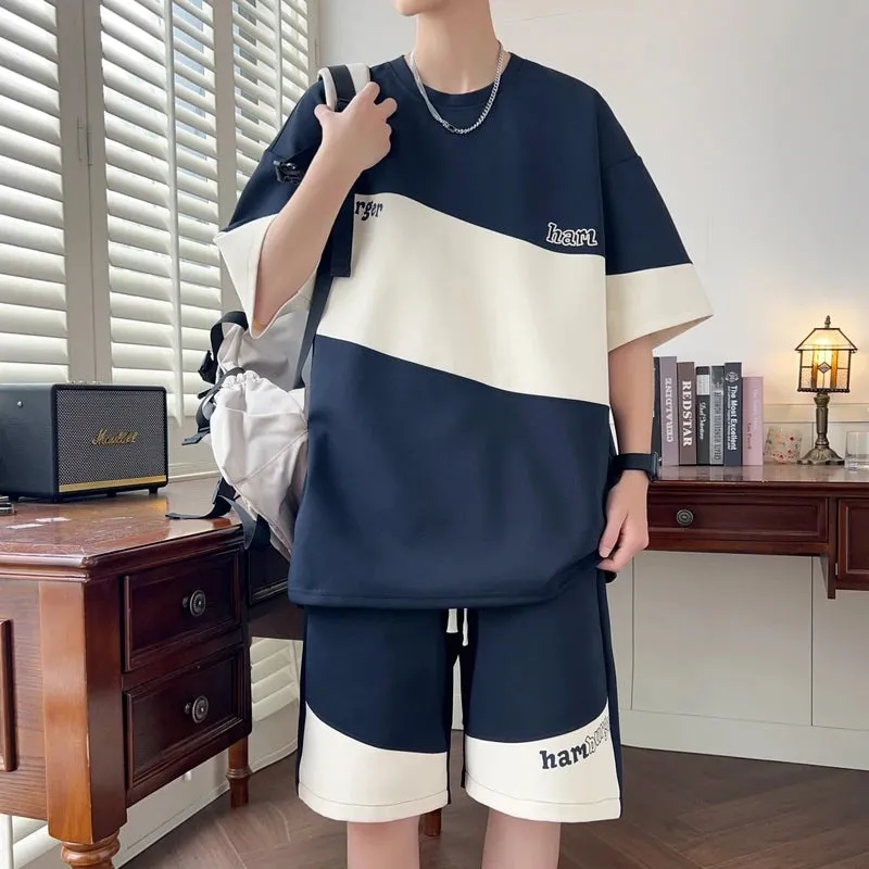 Wiaofellas  -  Summer Patchwork Tracksuit Men Shorts Sets Short Sleeve T-Shirt   Shorts 2 Piece Sets Sportswear Brand Y2k Streetwear Suit