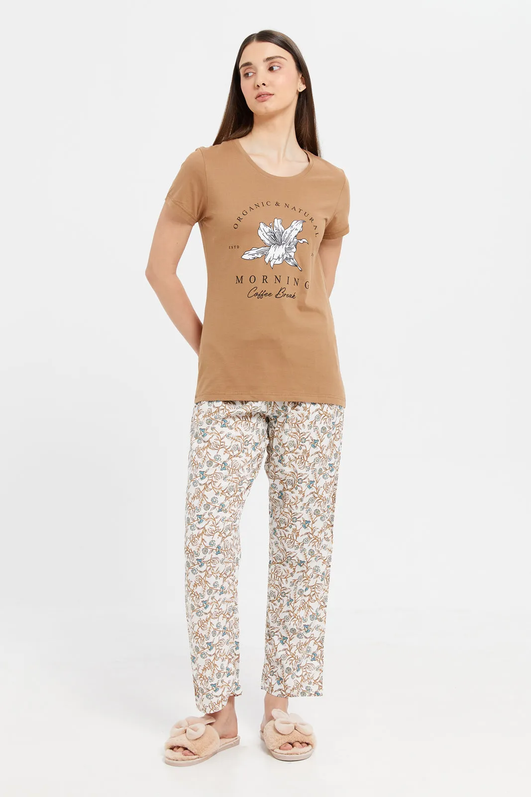 Women Beige Chest Print Short Sleeve Pyjama Set (2 Piece)