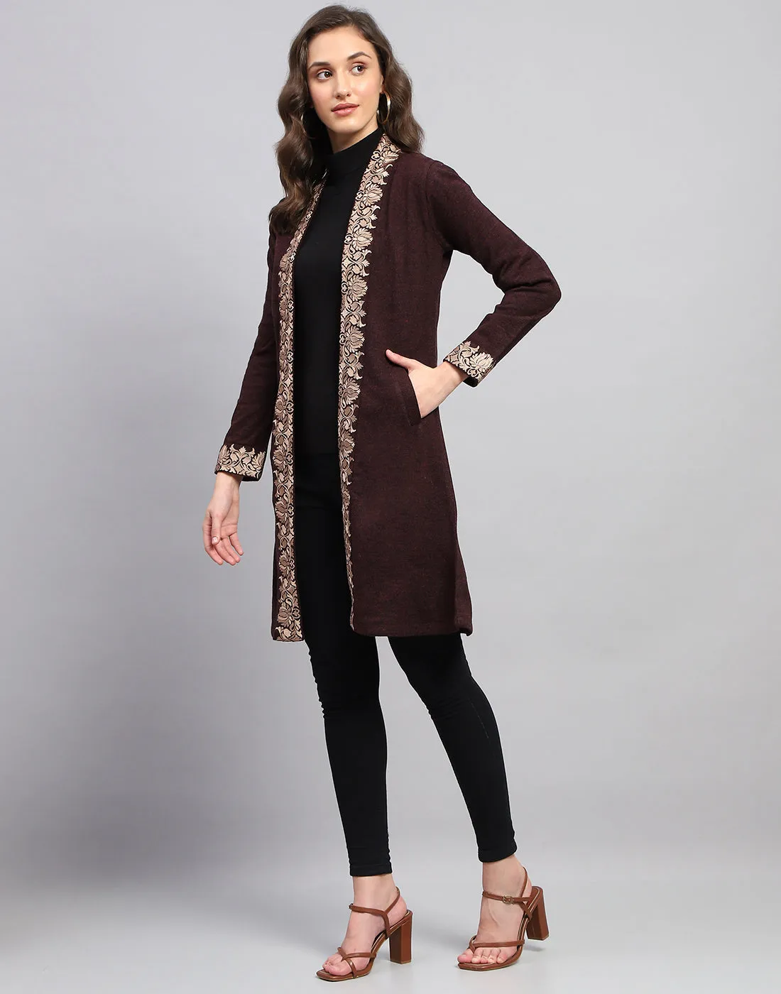 Women Maroon Self Design Front Open Full Sleeve Cardigan