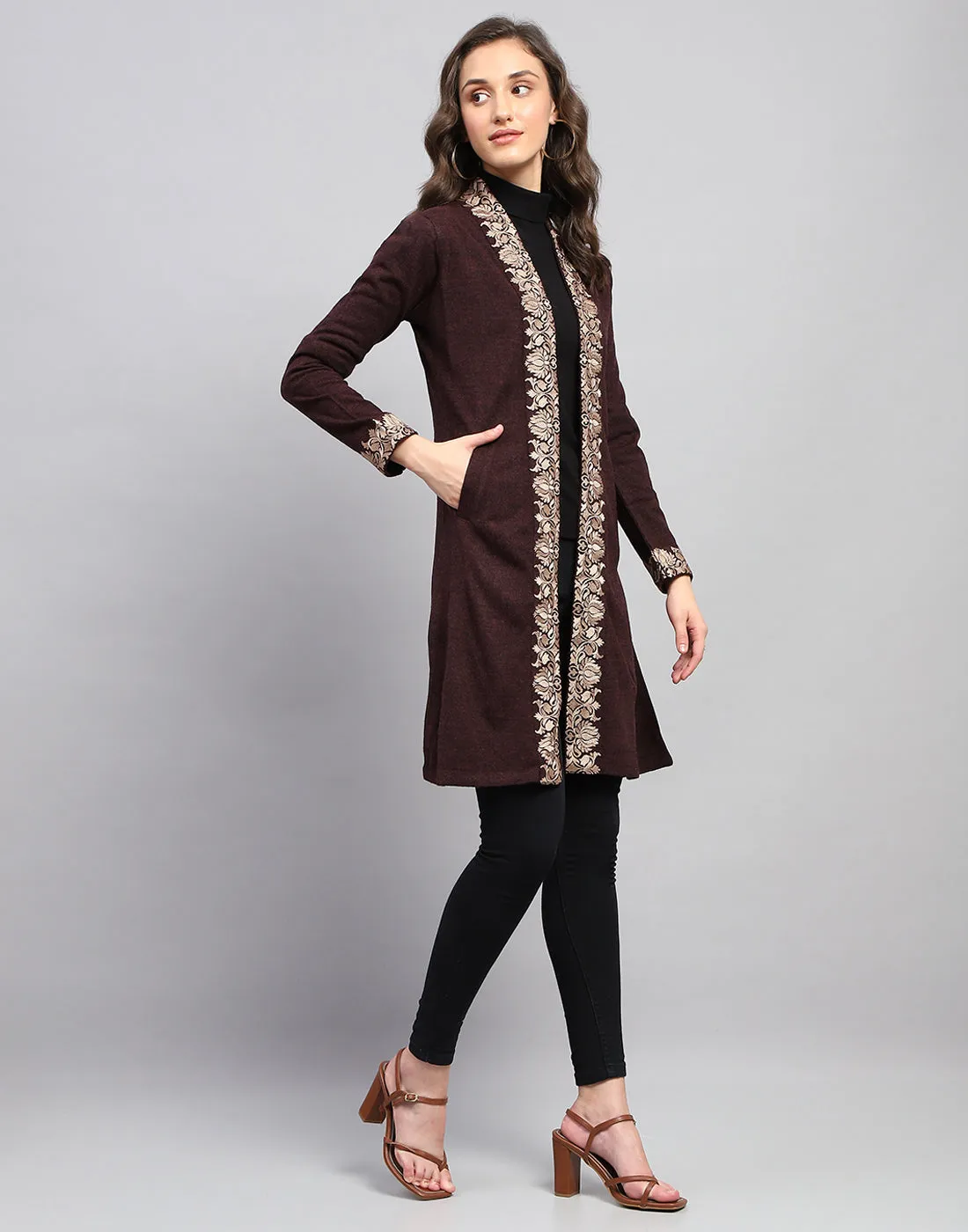 Women Maroon Self Design Front Open Full Sleeve Cardigan