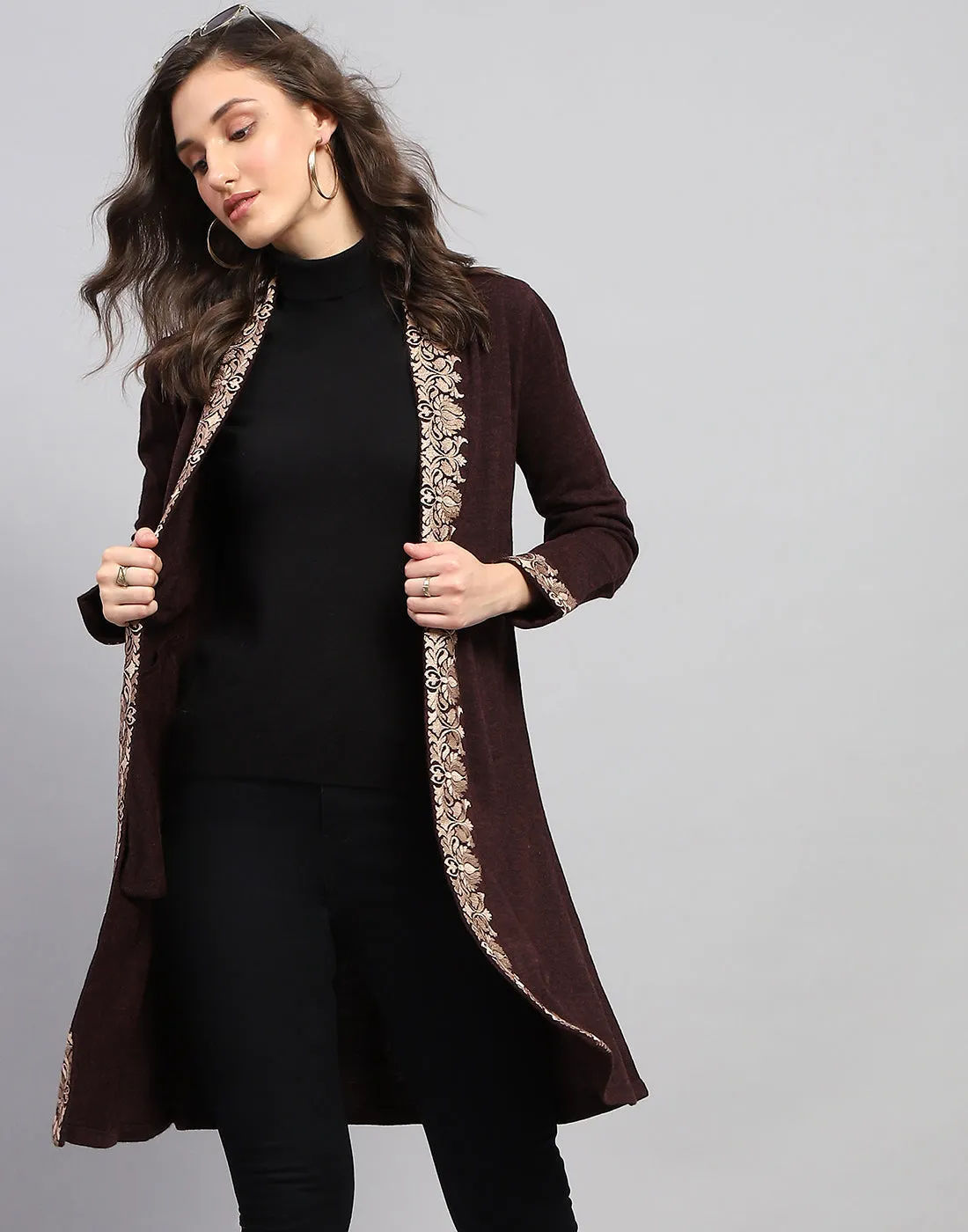 Women Maroon Self Design Front Open Full Sleeve Cardigan