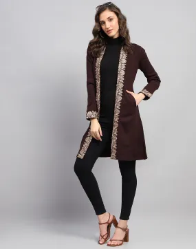 Women Maroon Self Design Front Open Full Sleeve Cardigan